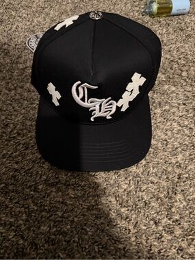 Black Embroidered Cross Logo Snapback Hat